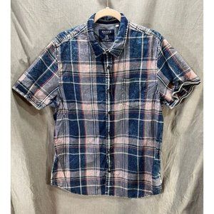 Guess‎ Slim Button Up Shirt Adult Large Blue Plaid Short Sleeve Mens.